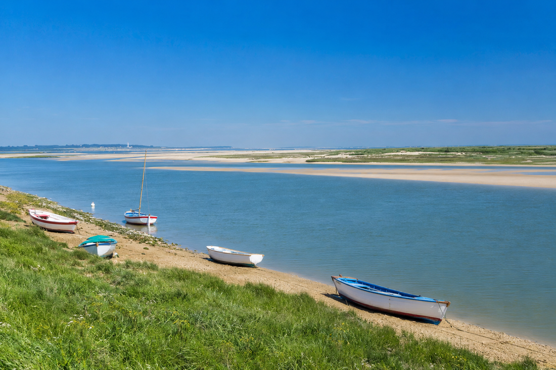 Vue panoramique de la Baie de Somme avec bateaux traditionnels échoués sur la rive, chenal à marée basse, bancs de sable et ciel bleu ensoleillé.
