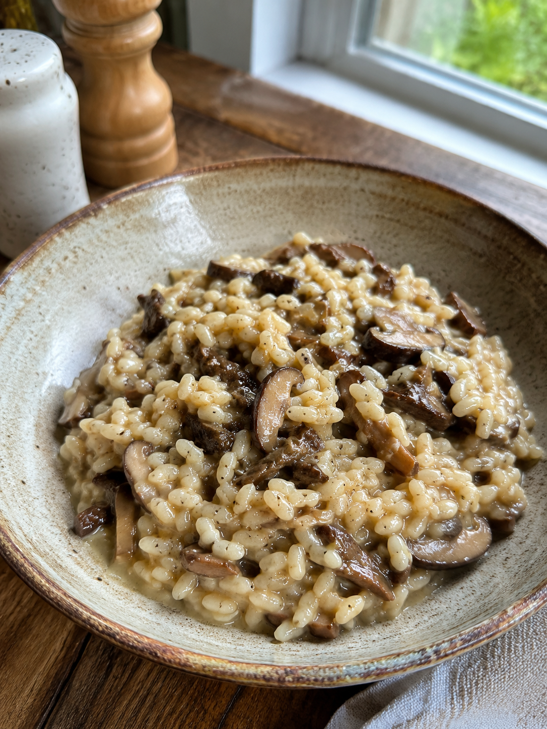 Risotto aux champignons crémeux servi dans une assiette