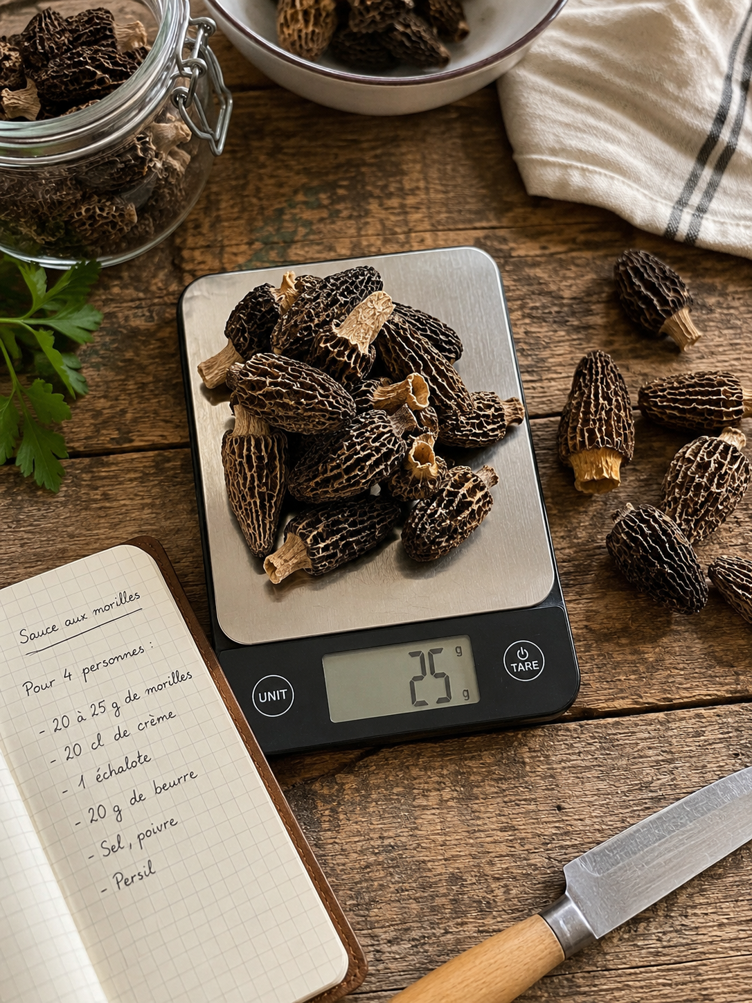 Morilles déshydratées pesées avant préparation pour déterminer la quantité par personne