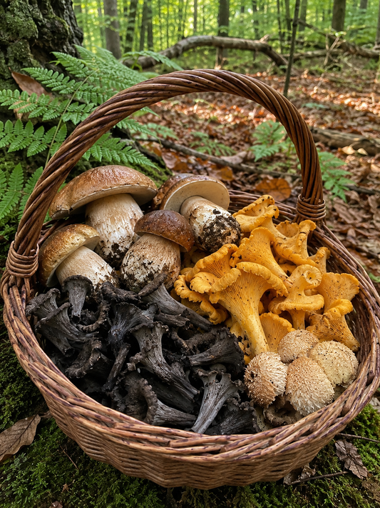 Champignons sauvages d’automne avec cèpes et girolles en France