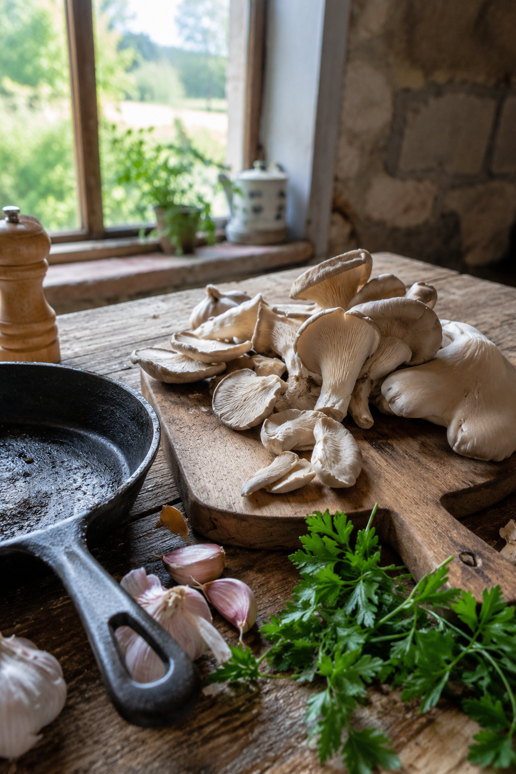 Pleurotes frais prêts à être cuisinés à la poêle avec ail et persil dans une cuisine rustique française.